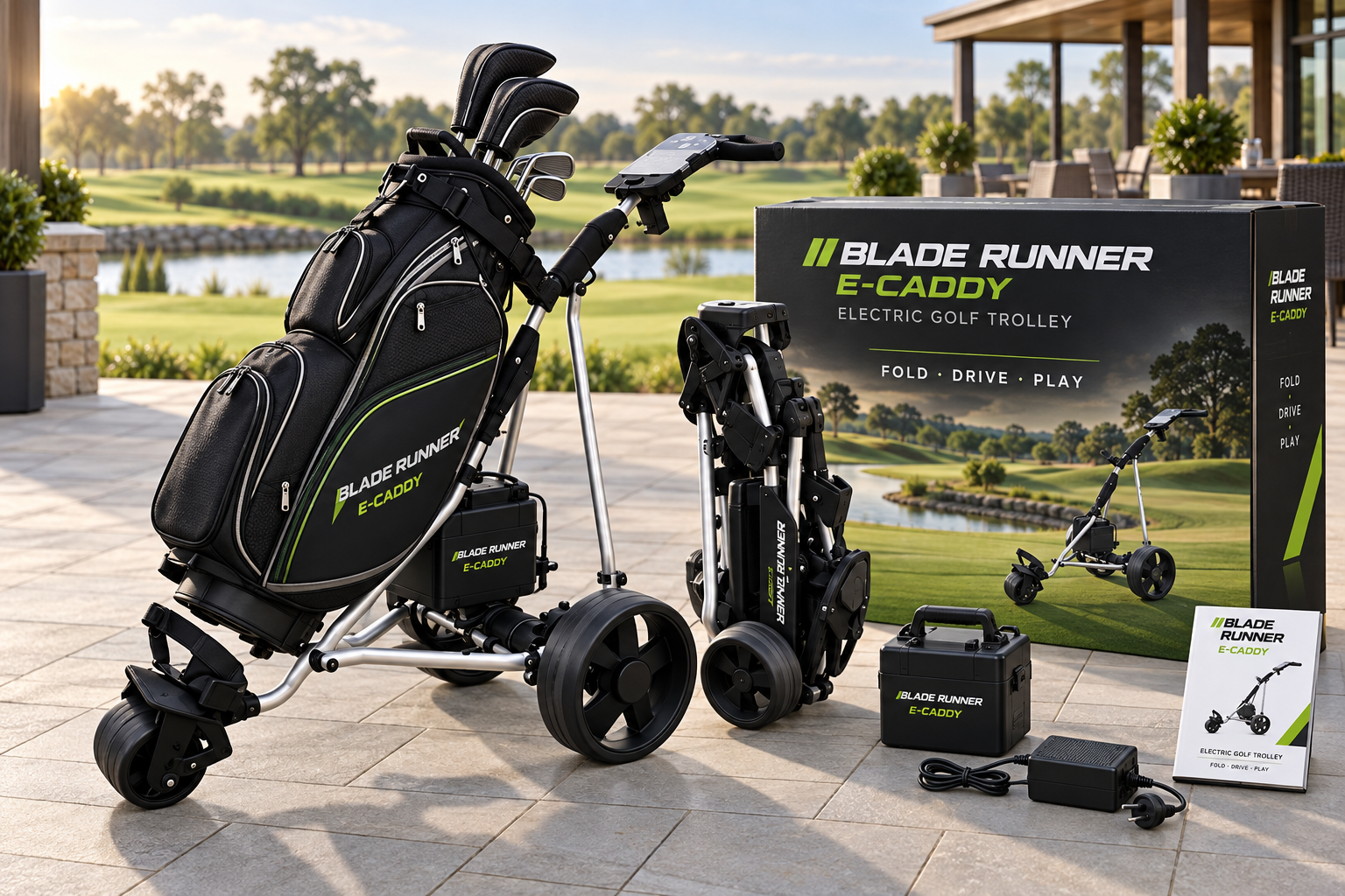 Blade Runner E-Caddy electric golf trolley with packaging and accessories
