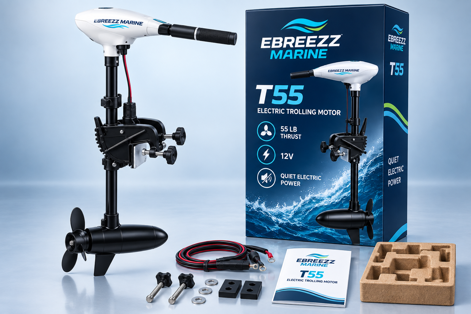 Ebreezz Marine T55 electric trolling motor with retail box and accessories