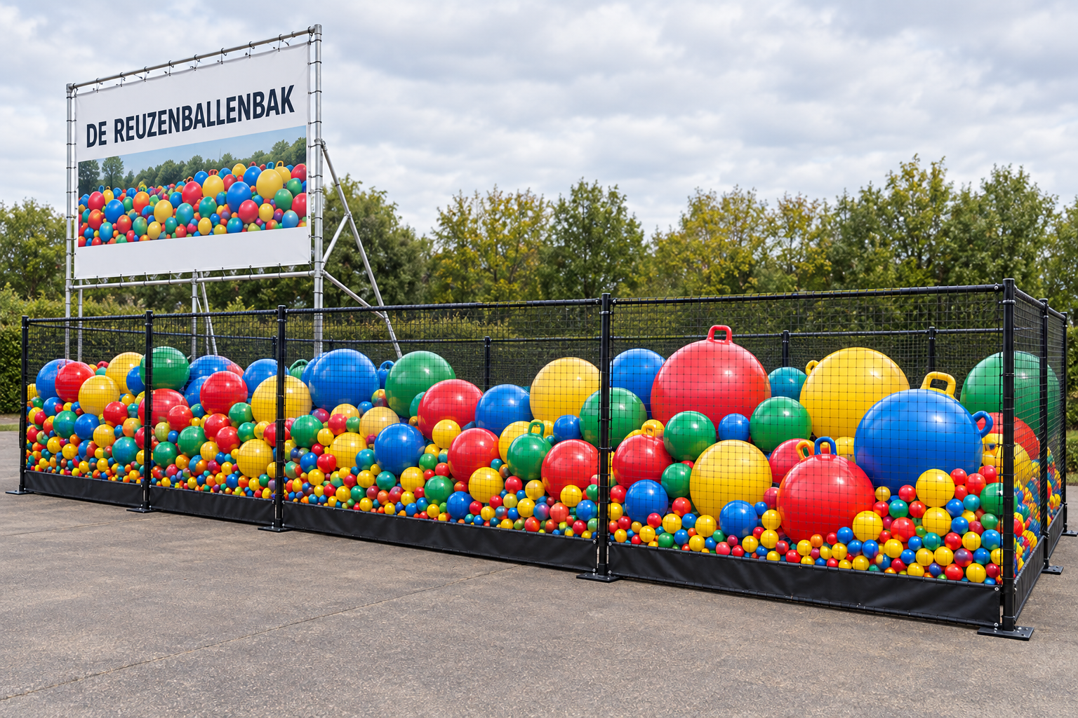 Giant outdoor ball pit filled with balls in multiple sizes and colours