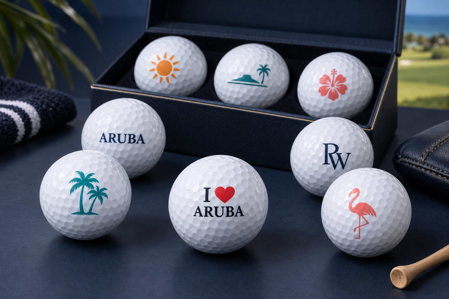 Custom printed golf balls including an I love Aruba design