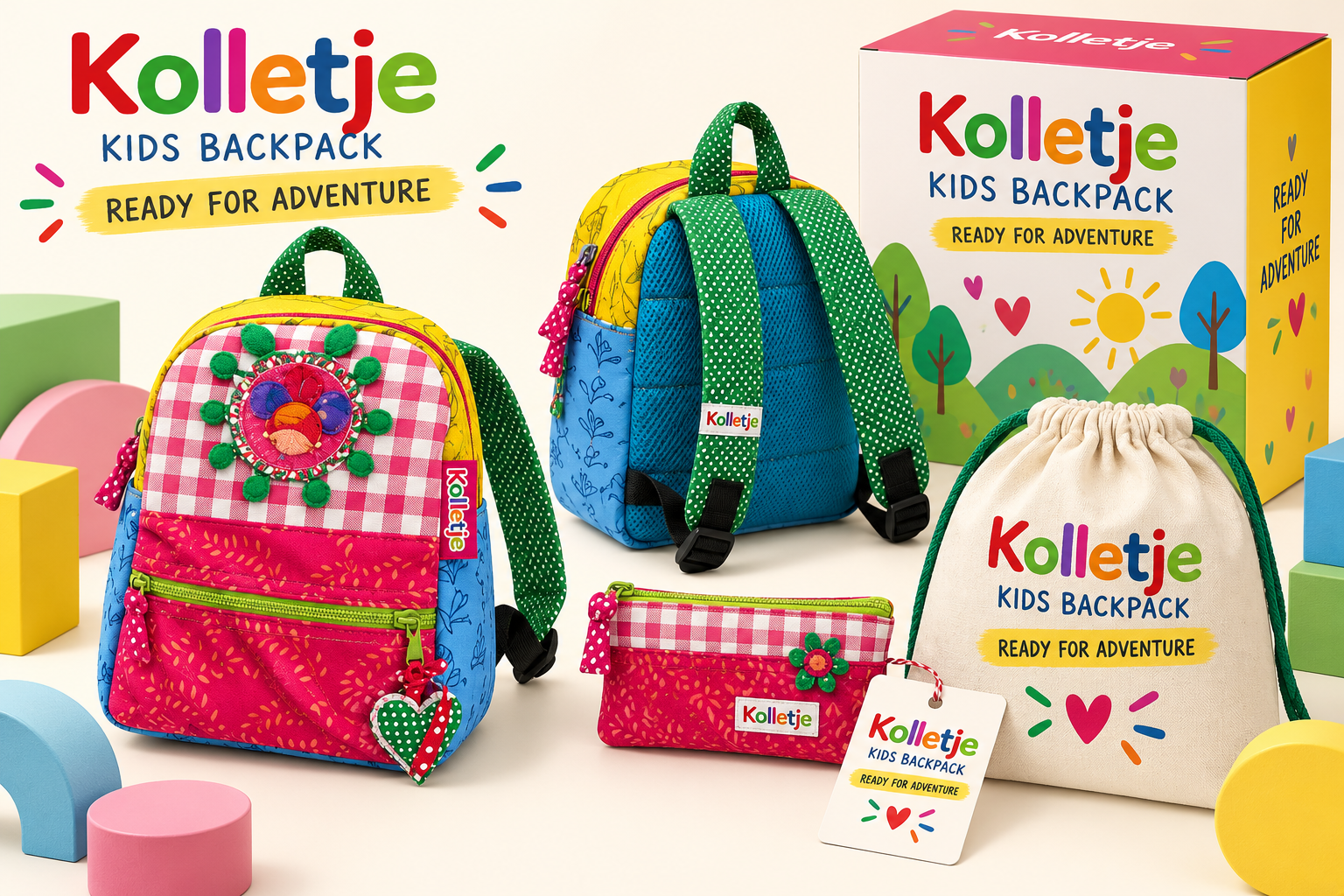Kolletje kids backpack collection with matching accessories and retail packaging