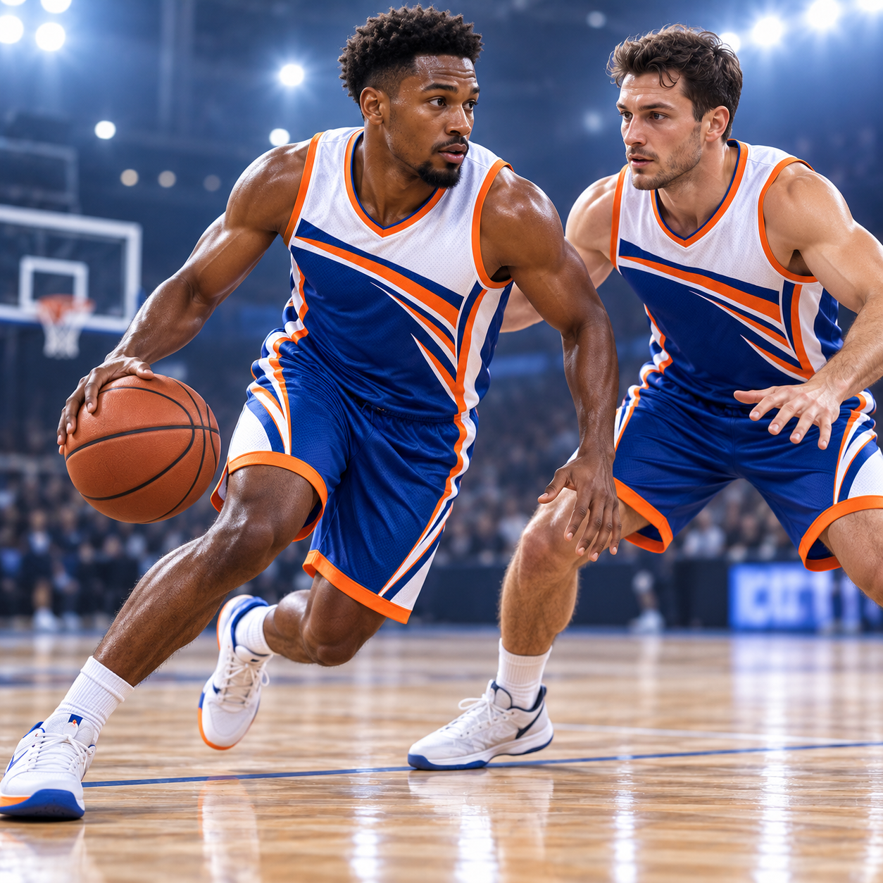 Basketball players wearing custom performance uniforms
