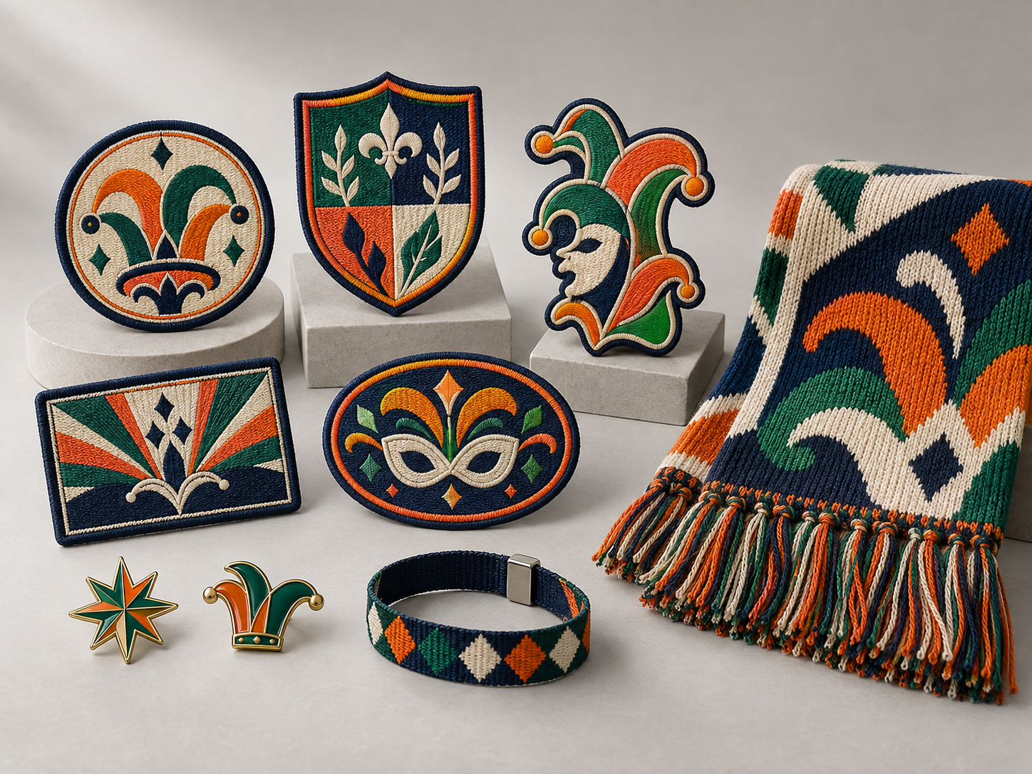 Realistic custom embroidered carnival emblems, knitted scarf, wristband and enamel pins by Label Unlimited