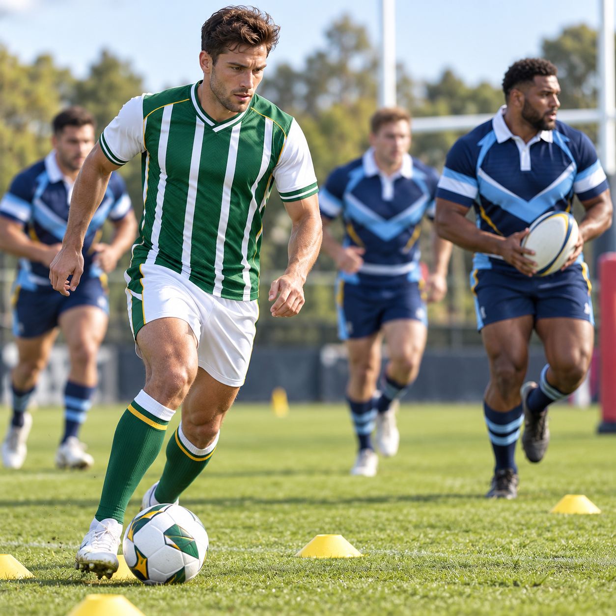 Football and rugby players wearing coordinated club kits