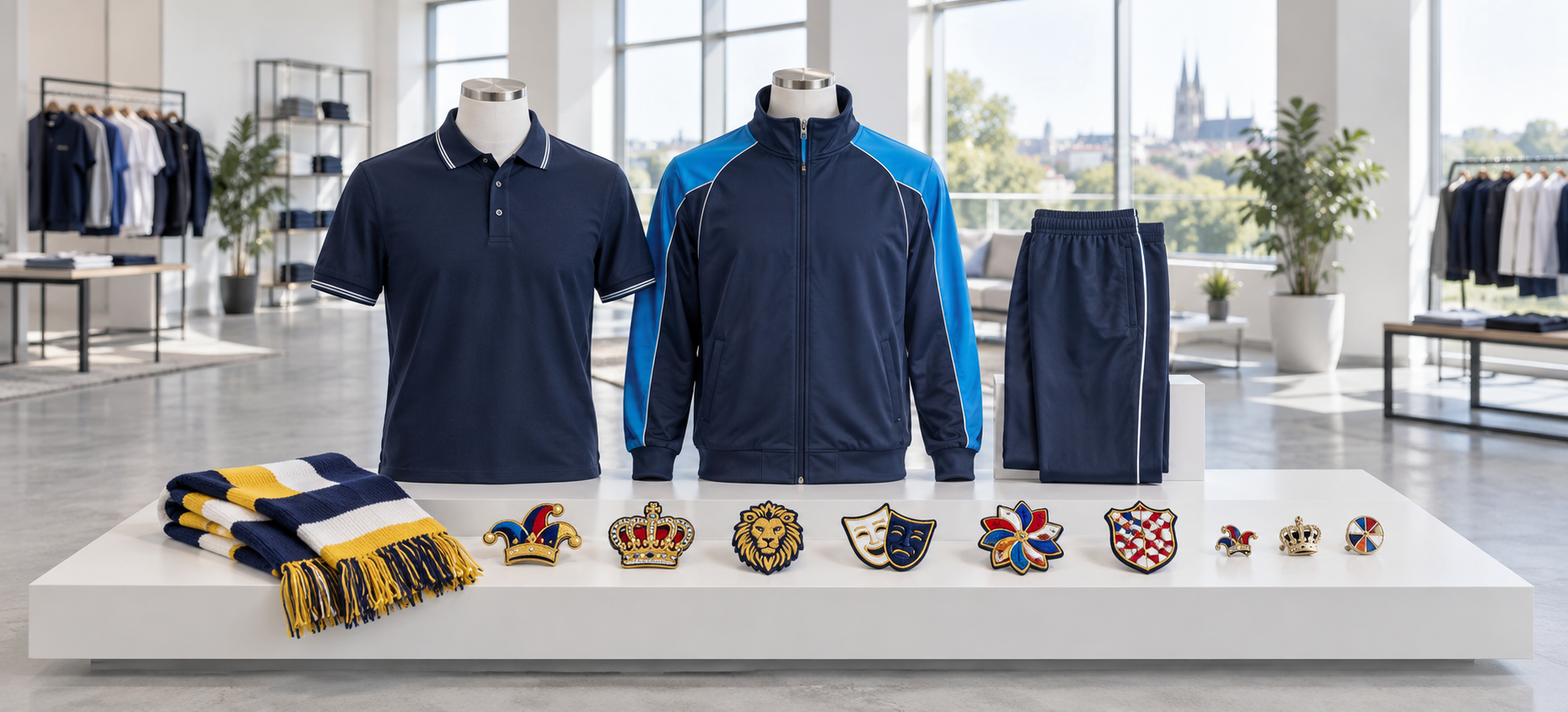 Label Unlimited teamwear, embroidered emblems, scarf and pins in a bright showroom