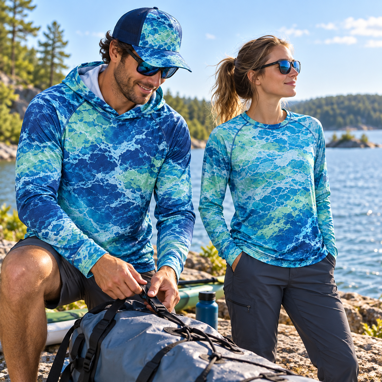 Outdoor enthusiasts wearing custom technical apparel