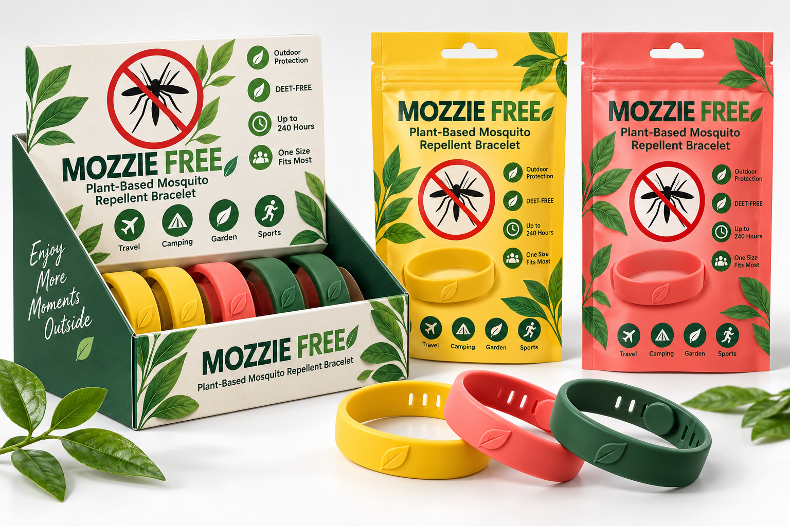 Mozzie Free plant-based mosquito repellent bracelets in retail packaging