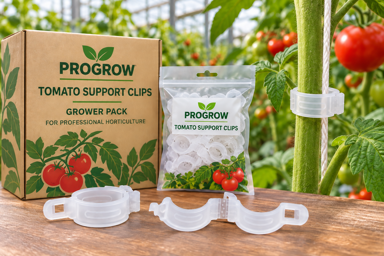 ProGrow tomato support clips in grower packaging and installed on a tomato plant