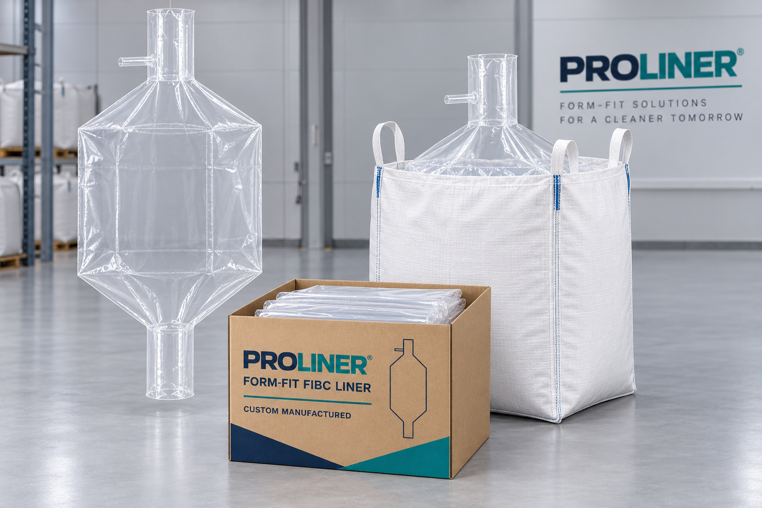 ProLiner form-fit transparent liner with FIBC bulk bag and shipping carton