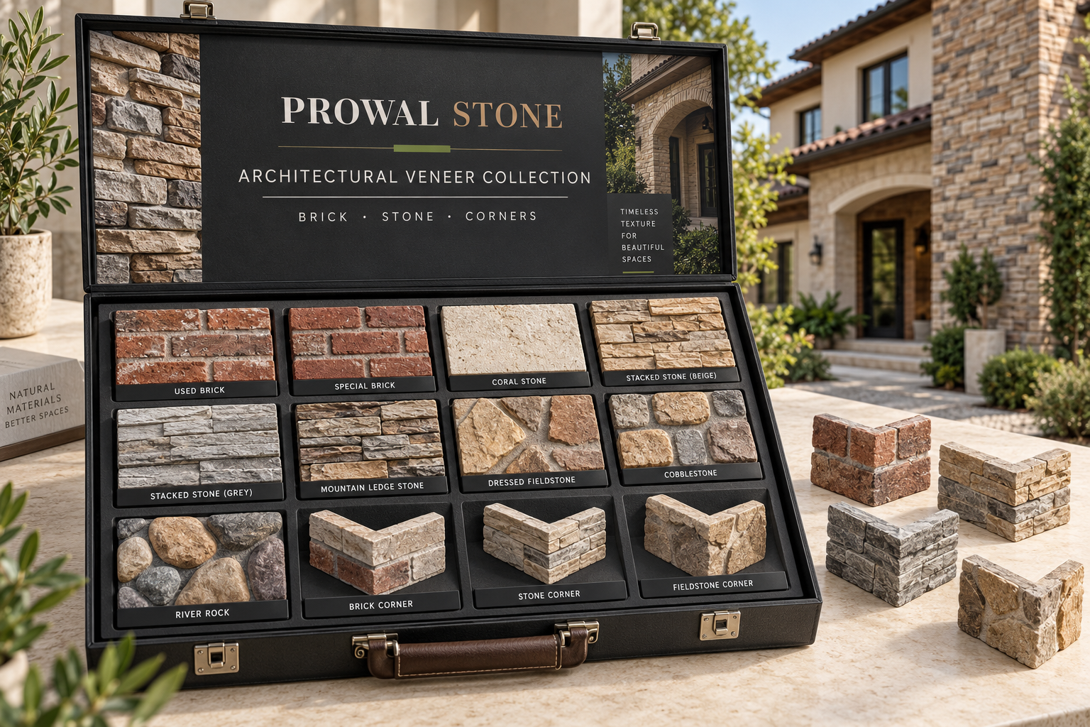 Prowal Stone architectural veneer sample collection with brick stone and corner pieces